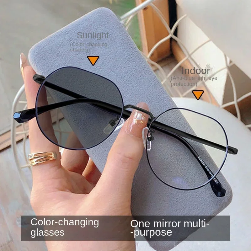 Trendige Anti-Blaulicht-Brille für Damen Retro Runder Metallrahmen Blaulichtfilter-Brille Photochrome Sehhilfe