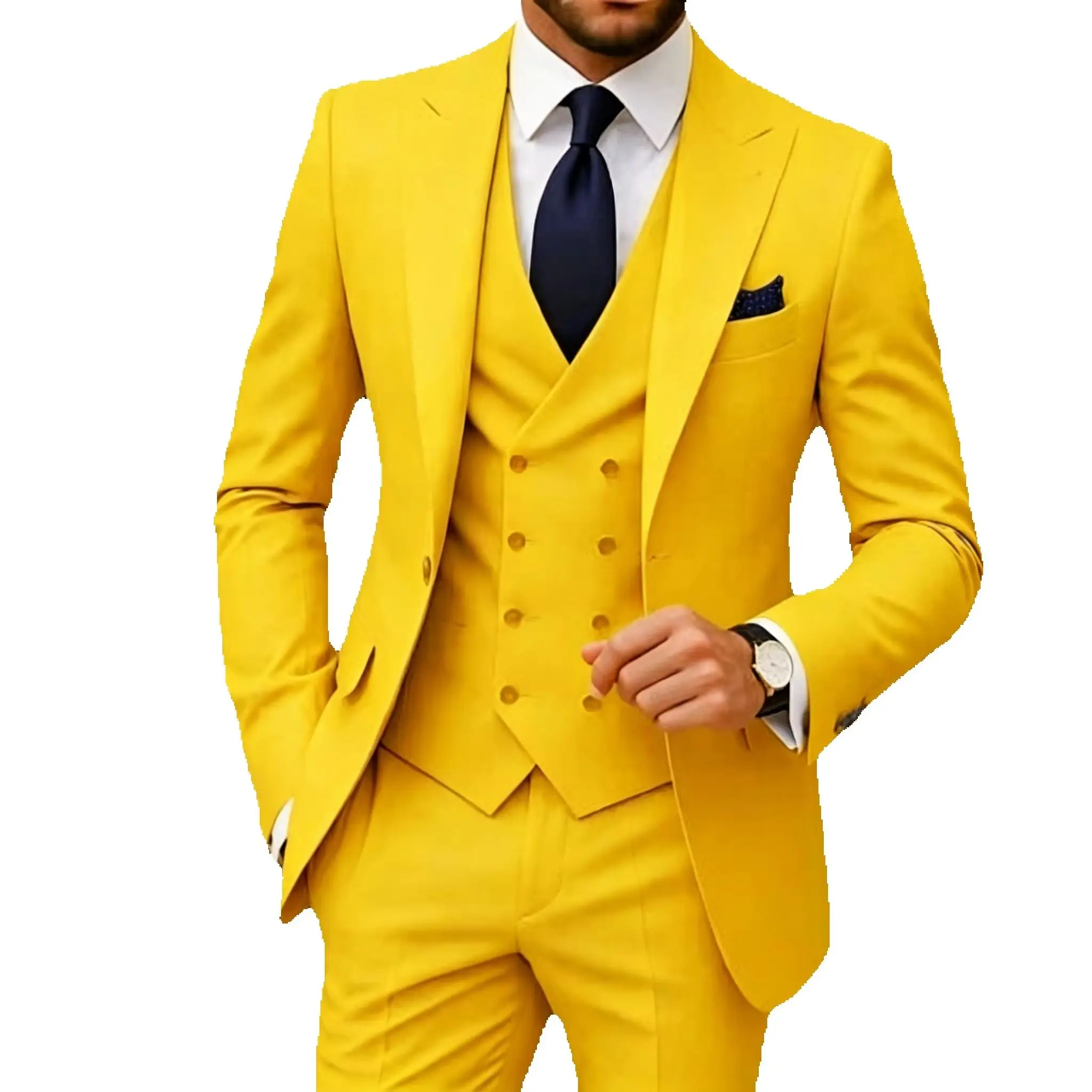 Yellow Men's Suits 3 PCS Peaked Lapel One Single Button Italian Wedding Man Suit Groom Tuxedo Prom Slim Fit Blazer Vest Pants