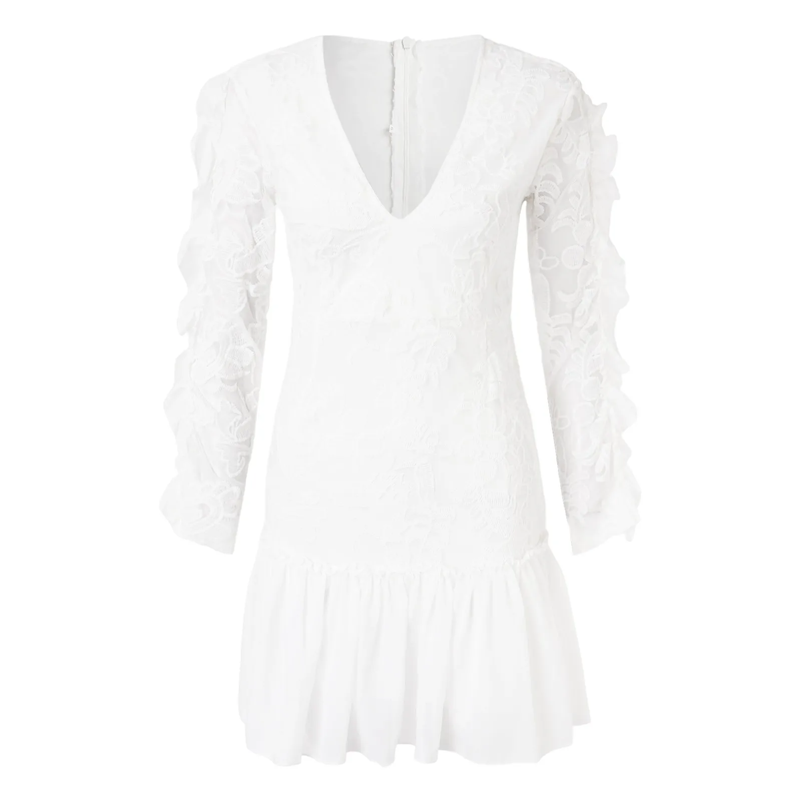 Robe brodée en dentelle blanche sexy à volants pour femmes, manches longues minces, col en V, robe éducative, robes de soirée élégantes pour dames, automne, 2023