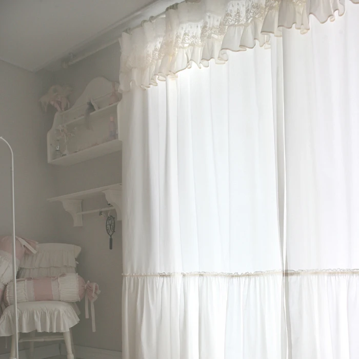 Korean Cotton White Curtains, Elegant Cloth Curtains for Girl's Bedroom, White Skirt Window Drapes with Lace Ruffles Valance