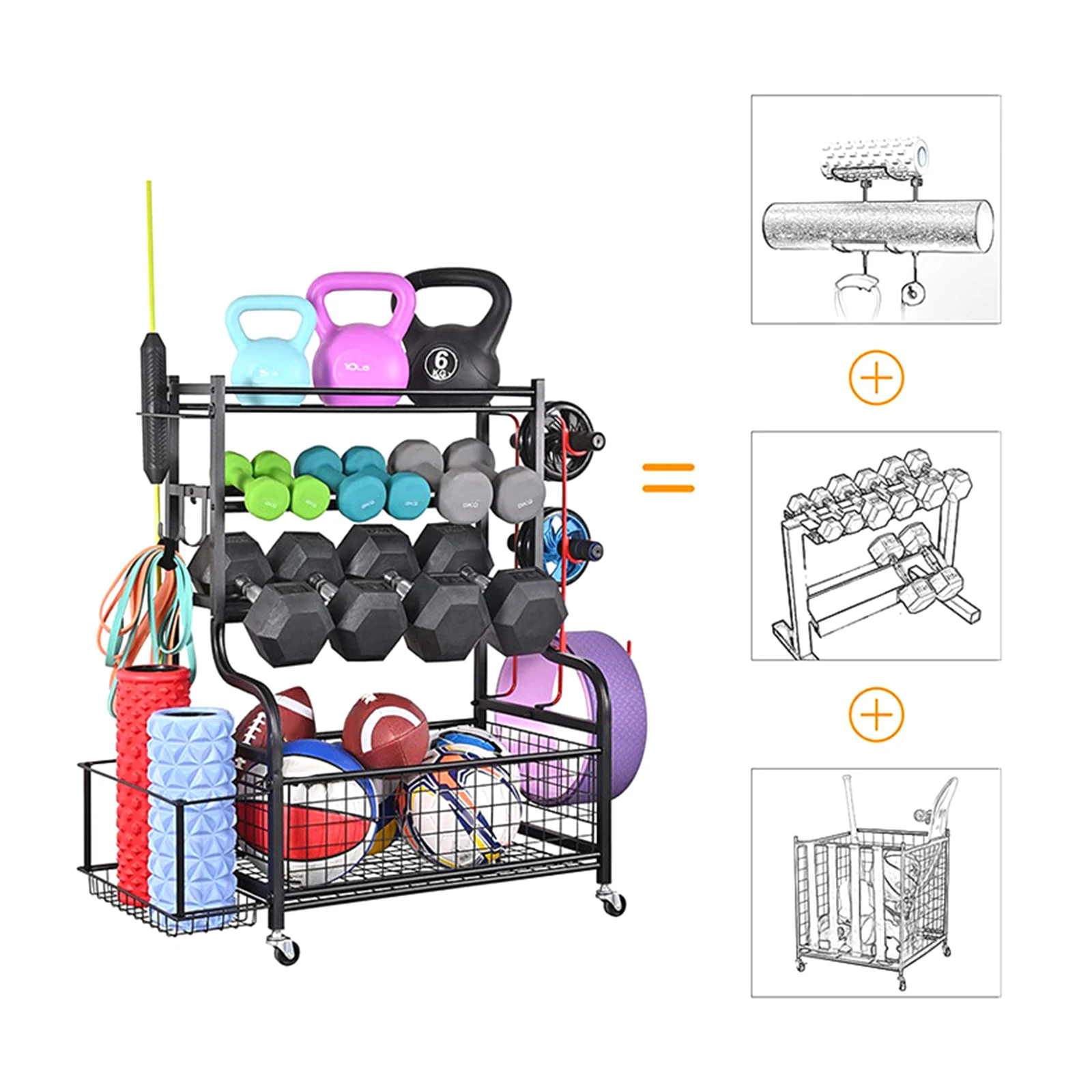 Gym Equipment Storage Rack Heavy Duty Workout Equipment Storage Organizer for Balls Dumbbells Foam Roller Yoga Mats Kettlebells