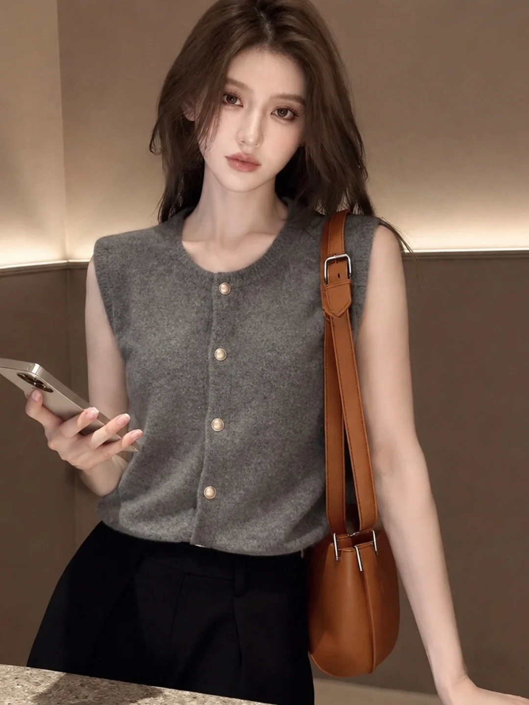 Soft Comfortable Knitted Vest Women's Fashion Sleeveless Design Sensation Single Button Autumn New Arrival Poet Lin Commute S...
