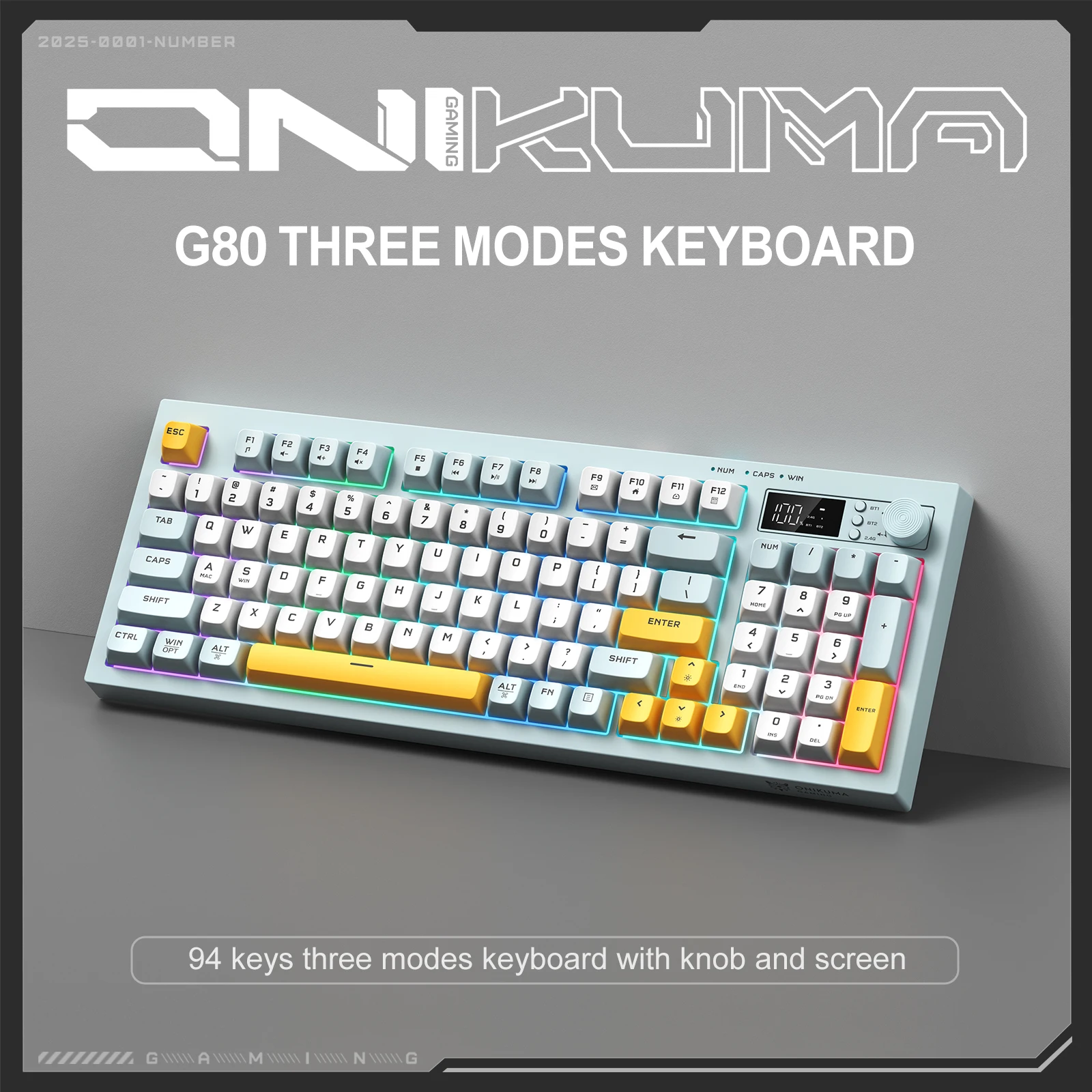 

Onikuma NEW Tri-mode Wired Bluetooth Wireless Gaming Keyboard Gasket Full Key Hot Swap 94 Keys Electronic Screen/ G80