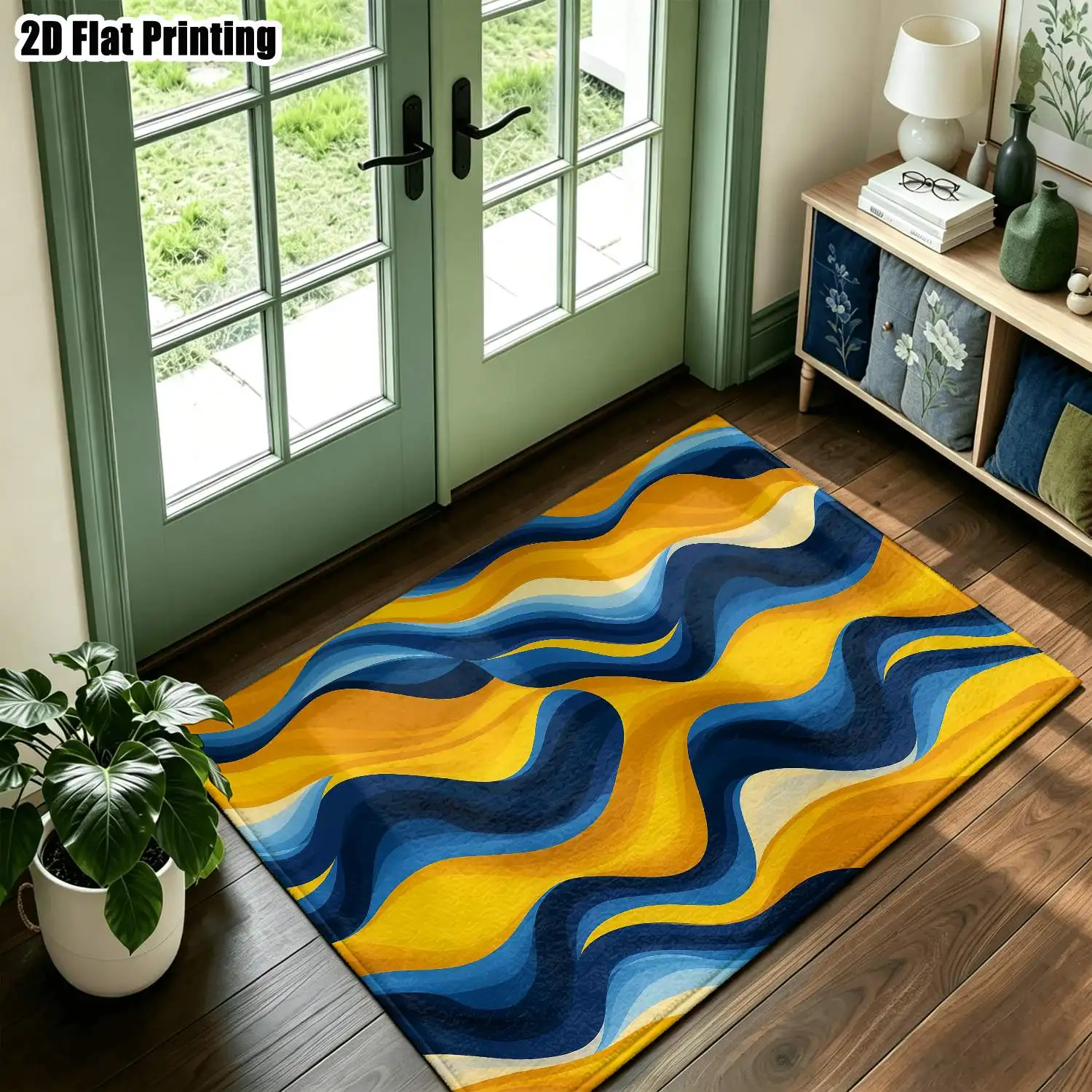 1Pc 2D Printed Carpet with Yellow and Blue Abstract Wave Patterns, Nordic Modern Minimalist Geometric Striped Instagram Style Floor Mat, Home Decor, Multi-Size, Machine Washable, Suitable for Entrance, Living Room, Bedroom, Dining Room, Foyer