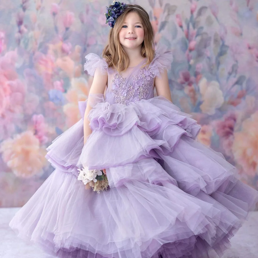 

Princess Light Lavender Flower Girl Dresses Puffy Tiered Ruffled Tulle Appliques Child Party Dress First Communion Ball Gown