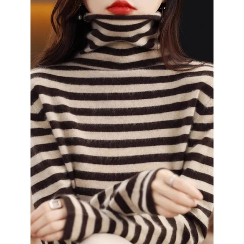 

plus Size Stripe Knitwear High Collar Women's Base Layer Sweater Autumn Winter New Style Fashionable Inner Wear Casual Top