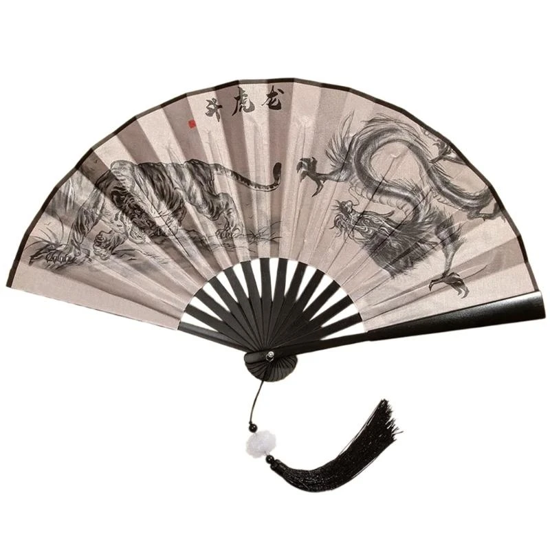 Chinese Double Sided Painting Folding Fan Vintage Handhelds Fan with Tassels Plastic Foldable Hand Fan for Parties