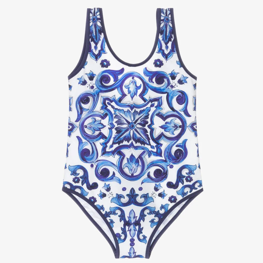 2024 New Adult blue flower swimsuit parent-child one-piece swimsuit wholesale high-quality women\'s swimsuit