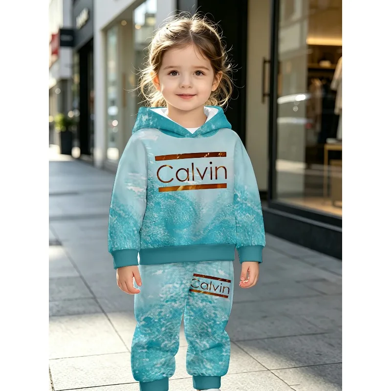 Unisex Toddler Hooded Jogger 2Pcs Tracksuit, Ocean Calvin Text, All Over Bear, Crown K Stripe Print Kids Casual Outfit