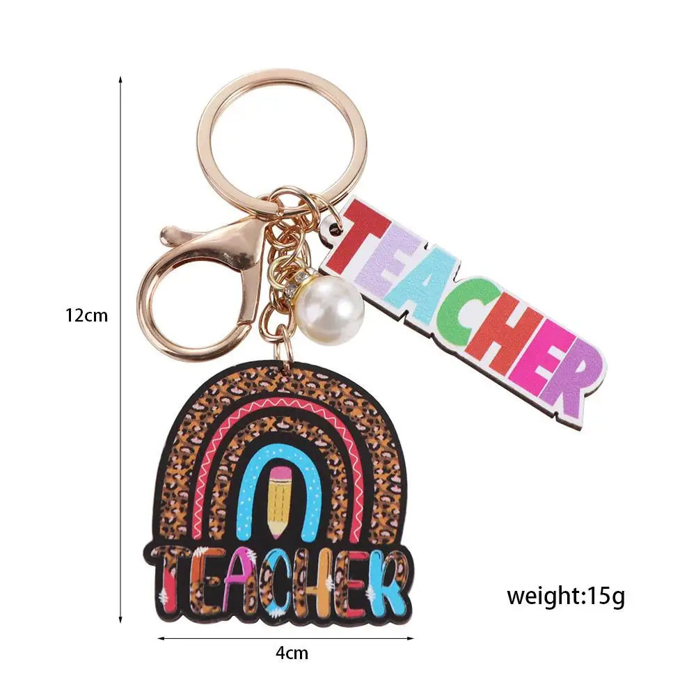 Wooden Teacher's Day Keychain Geometric Shape English Letter Text Keychain Pendant Rainbow Notebook Pen Holder Key Ring