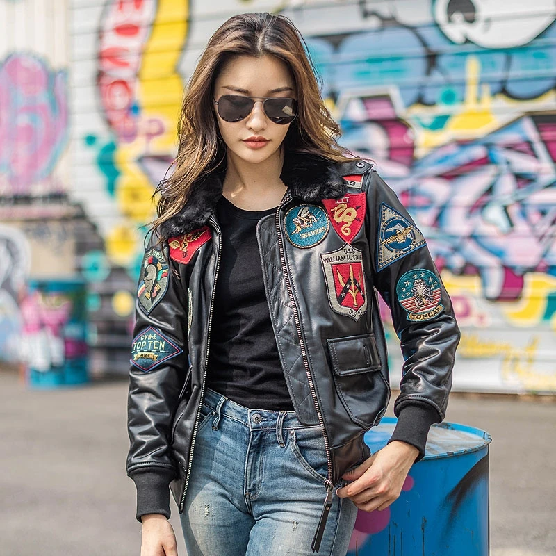 Black Autumn G1 Pilot Leather Jacket Women Military Style Plus Size 3XL Natural Sheepskin Aviation Genuine Leather Coats