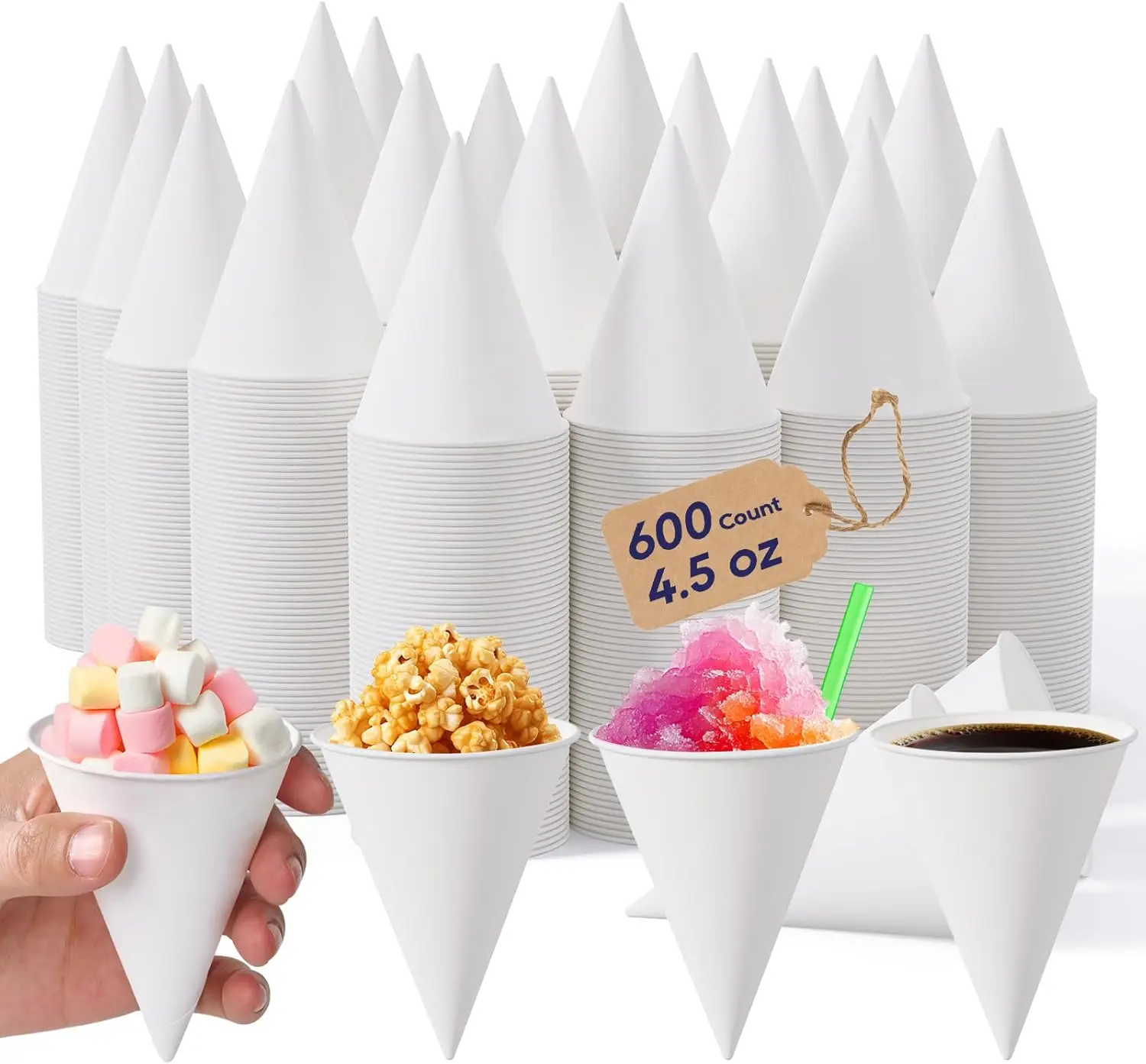 

600 Count 4.5 oz Snow Cone Cups, Paper Cone Cups for Water, Shaved Ice, Ice Cream, Candies