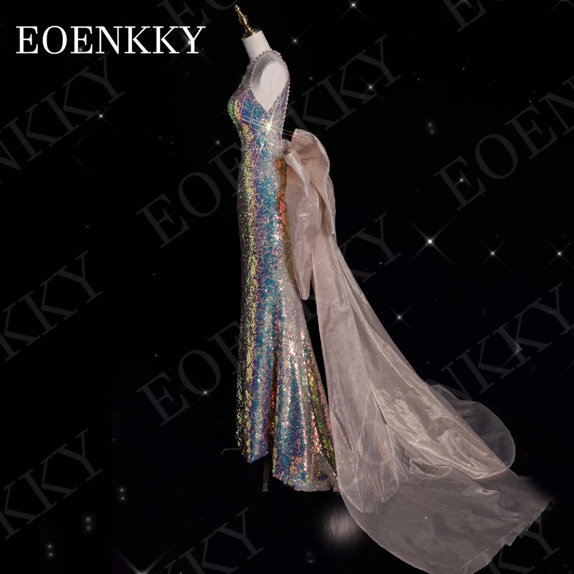 EOENKKY Halter Sparkly ชุดราตรี Mermaid สไตล์หรูหราเลื่อมชุดแต่งงานเปลือยที่ถอดออกได้รถไฟแขนกุด