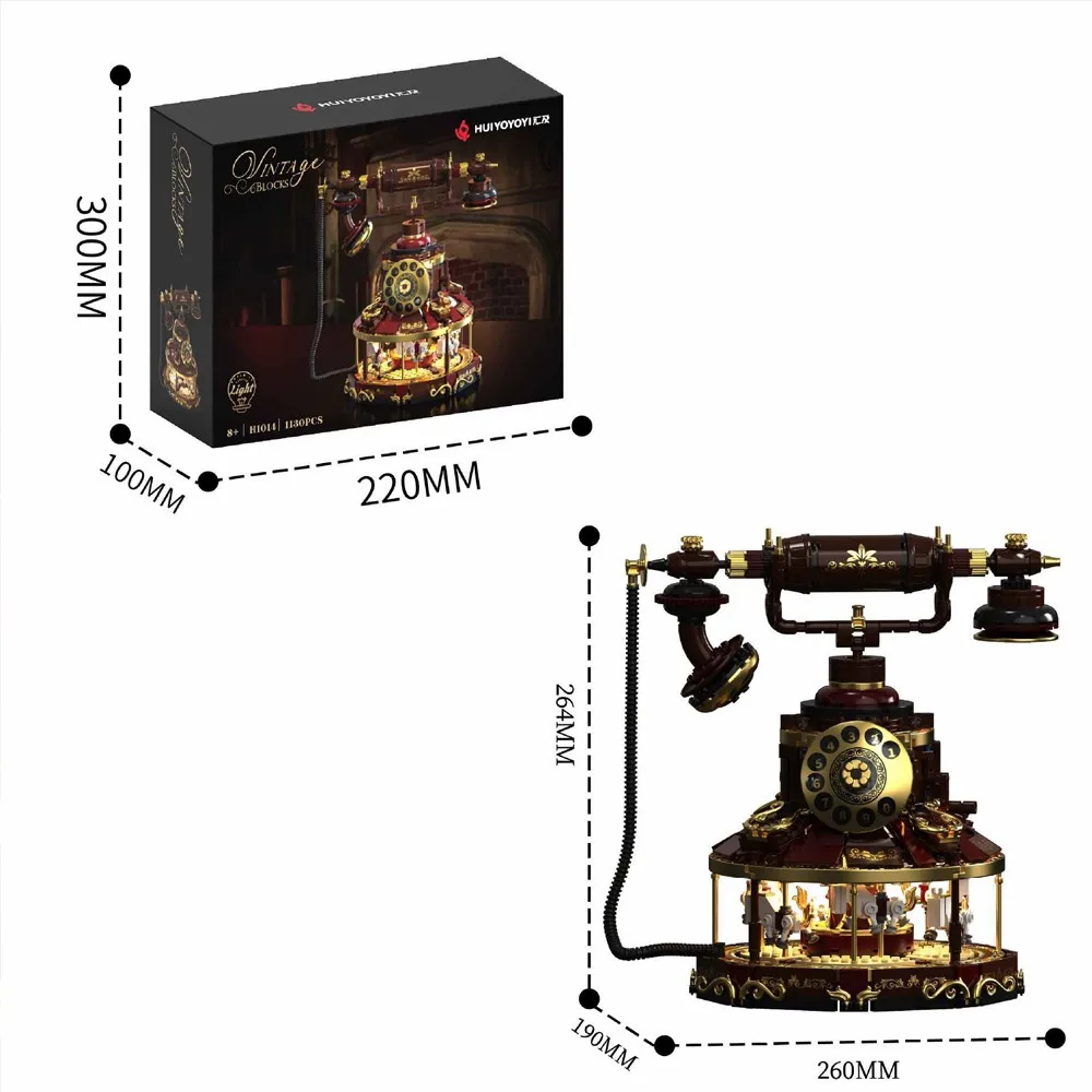 Retro Telefoon LED Verlichting Carrousel Bouwstenen Vintage Klassiek Creatief Ornament Baksteen Model Kit Speelgoed Volwassenen Kind Cadeau 1130PCS