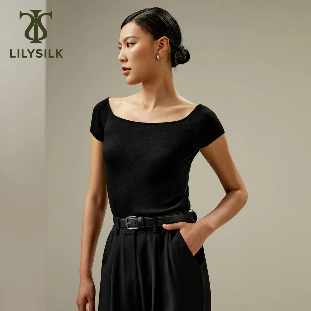 LILYSILK Women's Off-Shoulder Sweater Top Ladies 100% Machine-washable Spun Silk Tee for Everyday Wear