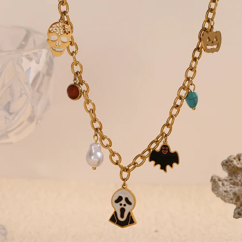 E.B.belle 할로윈 해골 비명 유령 박쥐 펜던트 목걸이, 스테인레스 스틸 축제 매력, 저자극성 18K 금 도금  Best5