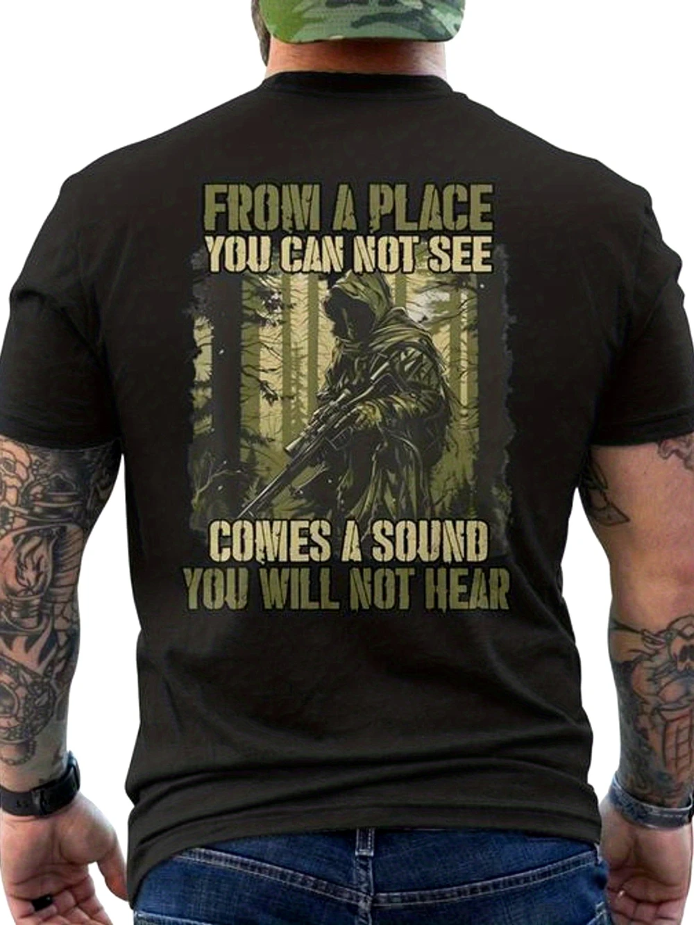 Men's Military Sniper T-shirt - Tactical Back Print Forest Camouflage Design Suitable for Military Color Bullet Clothing T-shirt