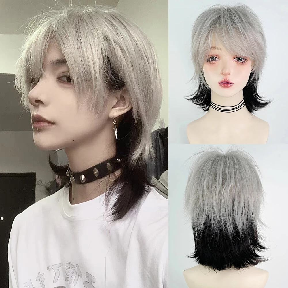 Men Wolf Tail Mullet Head Ombre Grey Black Layered Wig with Bangs Short Straight Fluffy Hair Wig for Lolita Daily Party