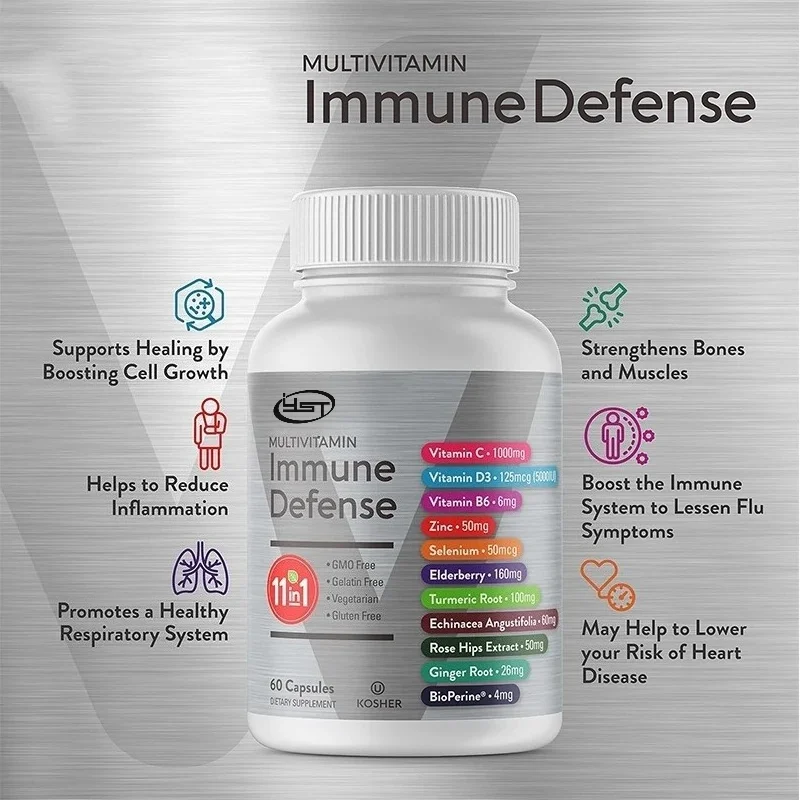 11 in 1 Multivitamin Supplement Capsule, Containing Echinacea, Turmeric, Rose Hips, Selenium, Pepper Extract, Ginger-60 Capsules