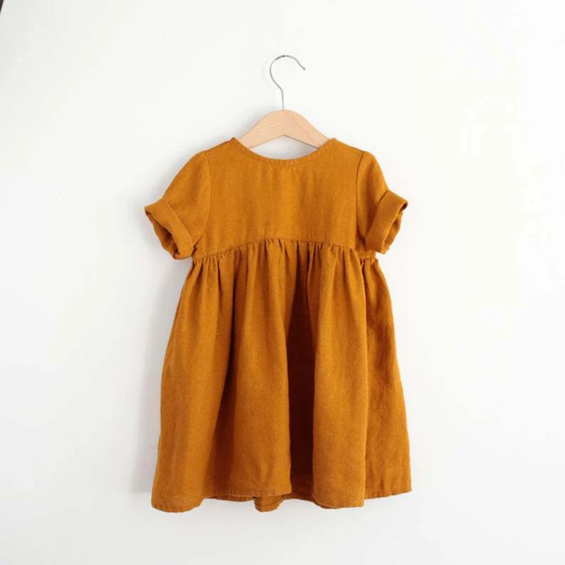 New Fashion Girls 100% Cotton Dress Solid Color Children\'s Casual Short-Sleeve Pleated Dresses WT016