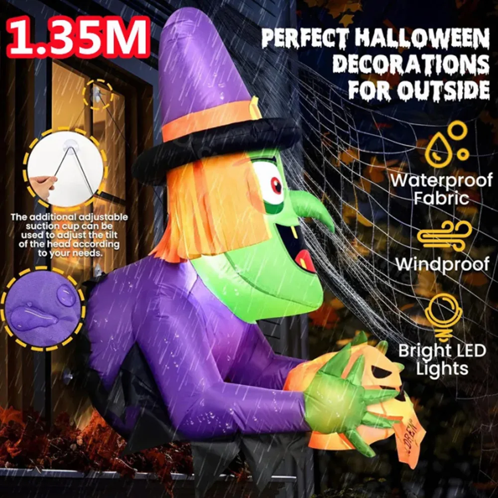 Halloween Inflatable Wall climbing witch Green Headed GhostModel Built-in LED Model Outdoor Ornament Party Garden Decor Prop