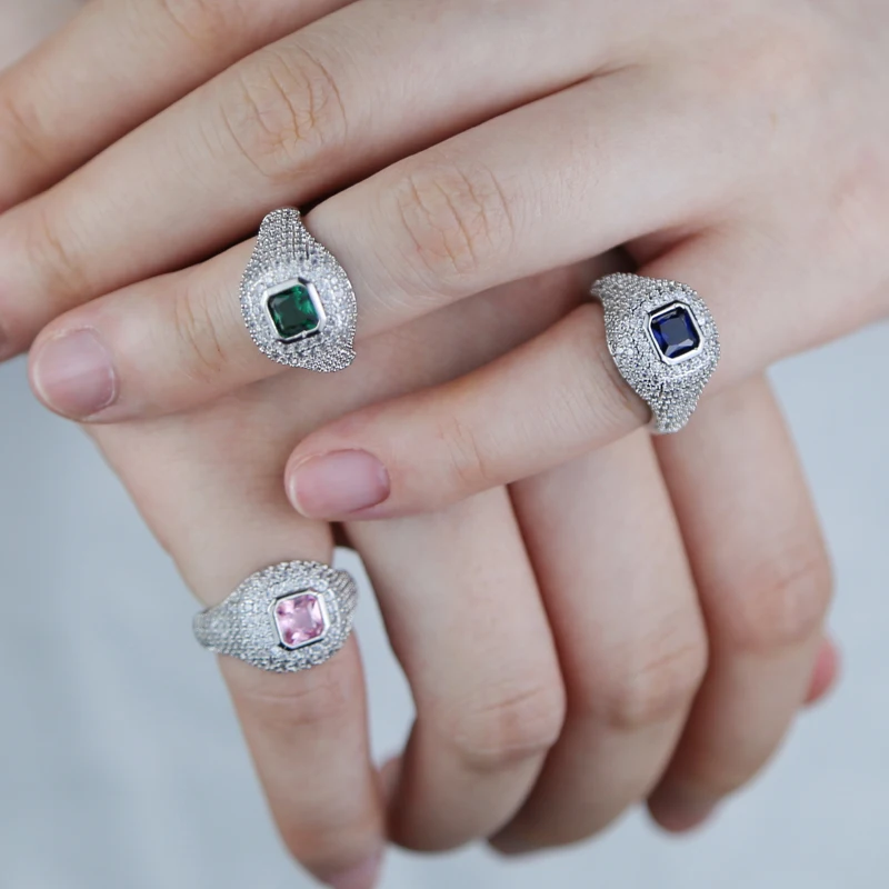 Pinky Finger Ring For Women Open #4 Micro Pave CZ Green Pink Blue Stone Geometric Square Shaped Little Finger Jewelry