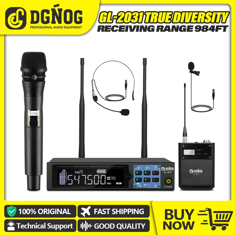 True Diversity Wireless Microphone System Single Cordless Mic Set w/Auto Scan UHF Professional Dynamic Mic for Church GL-2031