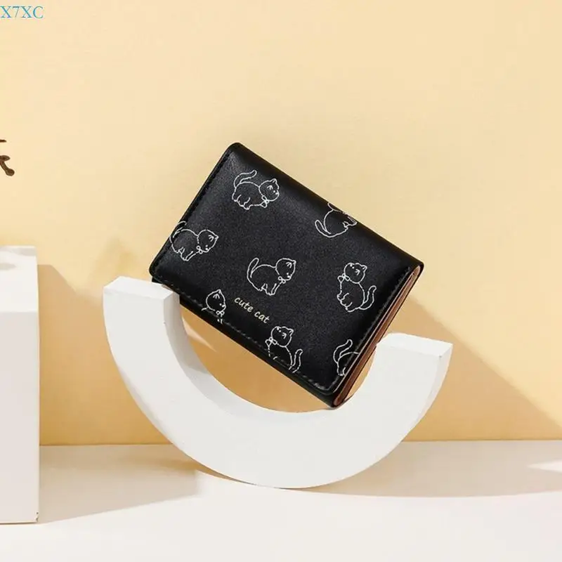 x7xc محفظة ثلاثية للسيدات مع القطط اللطيفة تصاميم محفظة جلدية بوريس محفظة نقدية قصيرة حامل بطاقة ائتمان نقدية