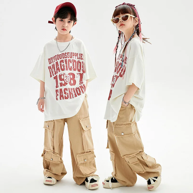 Kid Hip Hop Clothing Beige White Graphic Tee Oversized T Shirt Khaki Wide Pocket Cargo Pants for Girl Boy Dance Costume Clothes