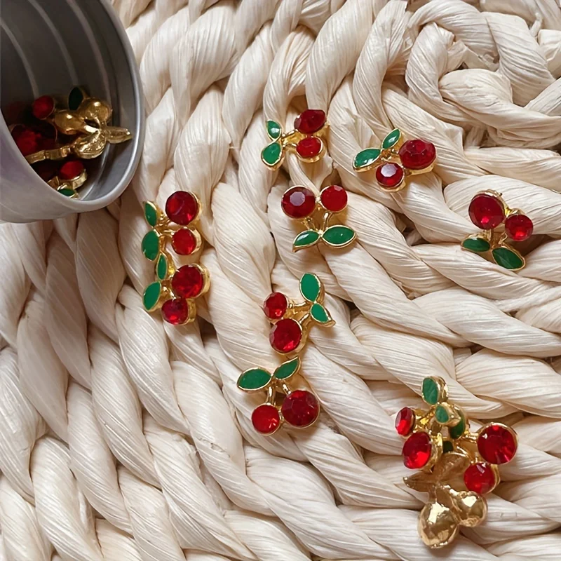 10pcs 3D Alloy Metal Cherry Shape Nail Art Rhinestone Crystal Cherries Leaves Press On Tips Acrylic Jewelry Nail Charms