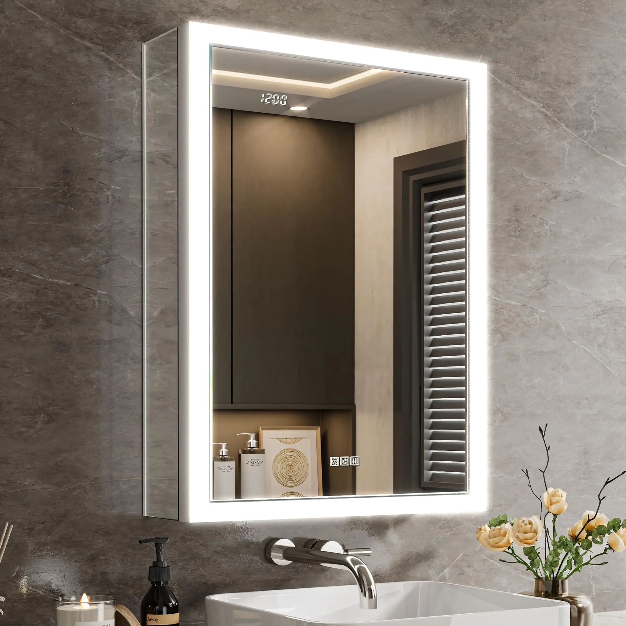 Lighted Medicine Cabinet with Mirror & Clock -20x26 Surface or Recessed Aluminum Medicine Cabinet with Dimmable Light &