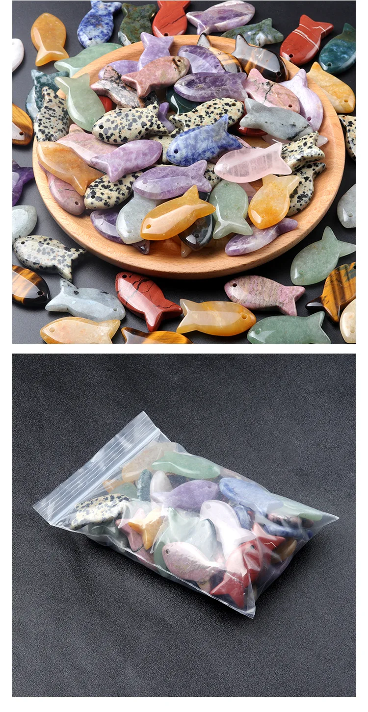 Hand Carved Healing Crystals Fish Figurine Natural Stone Animal Statue Amethyst Gemstone Pendant Home Decor DIY Hanging Ornament