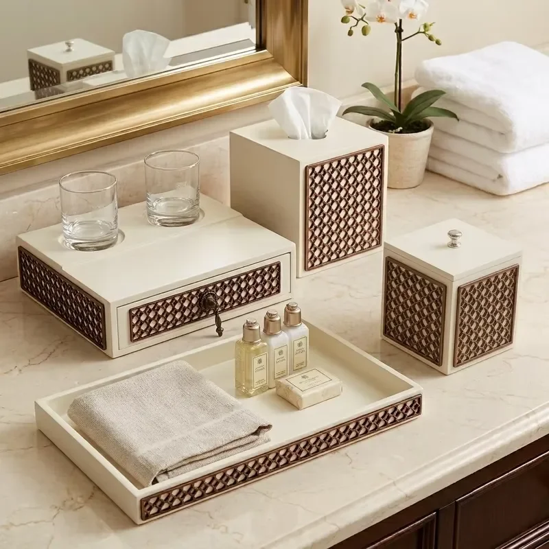 Modern Resin Bathroom Accessories Set Hand Sanitizer Dispenser Cotton Swab Holder Towel Tray Tissue Rack Home Decor Organizer
