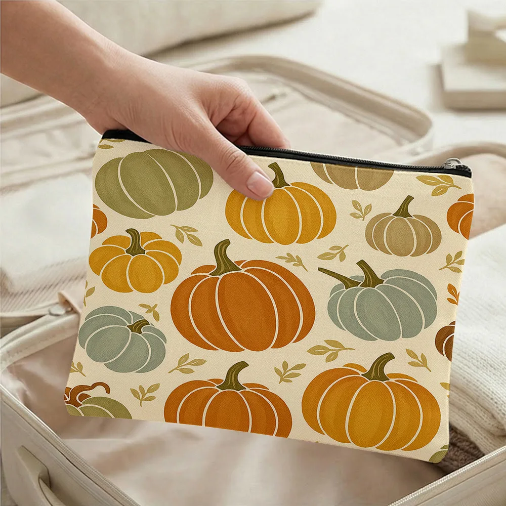 Thanksgiving Maple Leaf Canvas Cosmetic Bag Wash Storage Bag Travel Beauty Storage Bag Zipper Pen Thanksgiving Maple Leaf