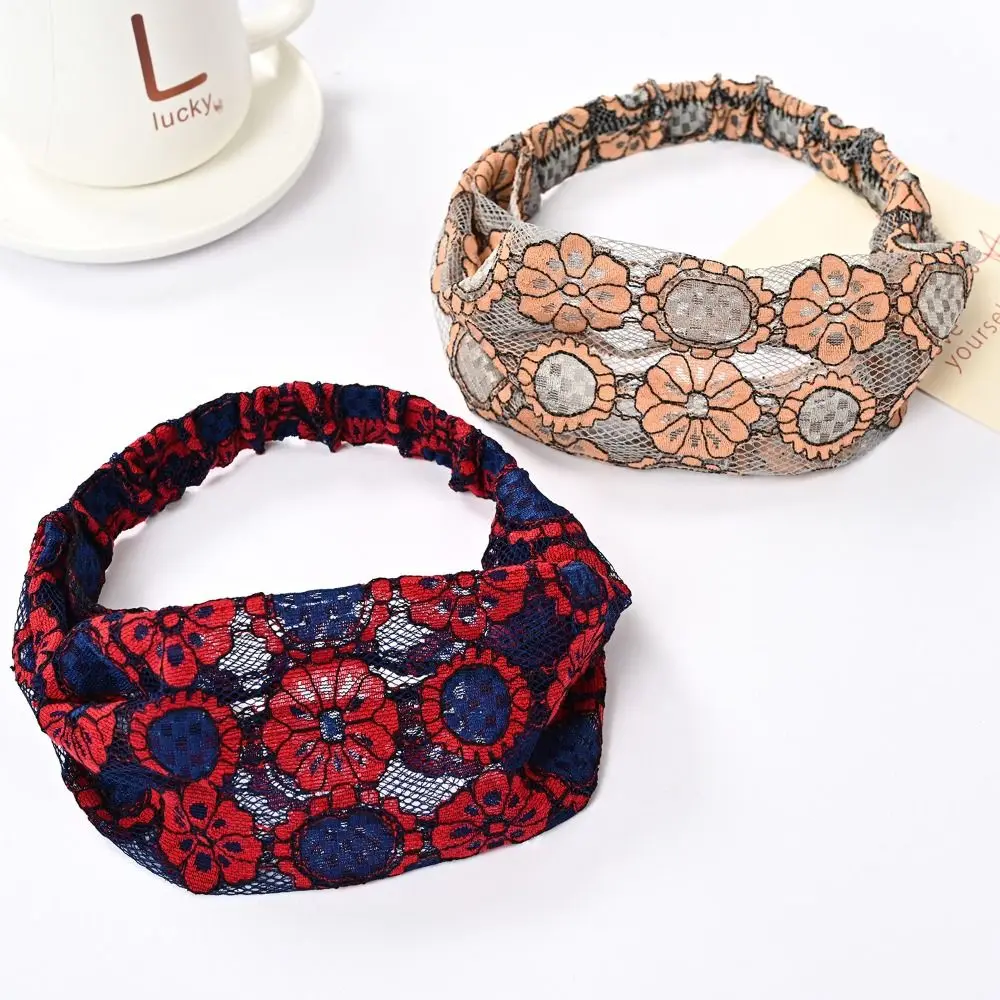 Sweet Non Slip Mesh Flower Headband Hollow Lightweight Lace Hairbands Korean Style Elastic Wide Side Head Wrap Party