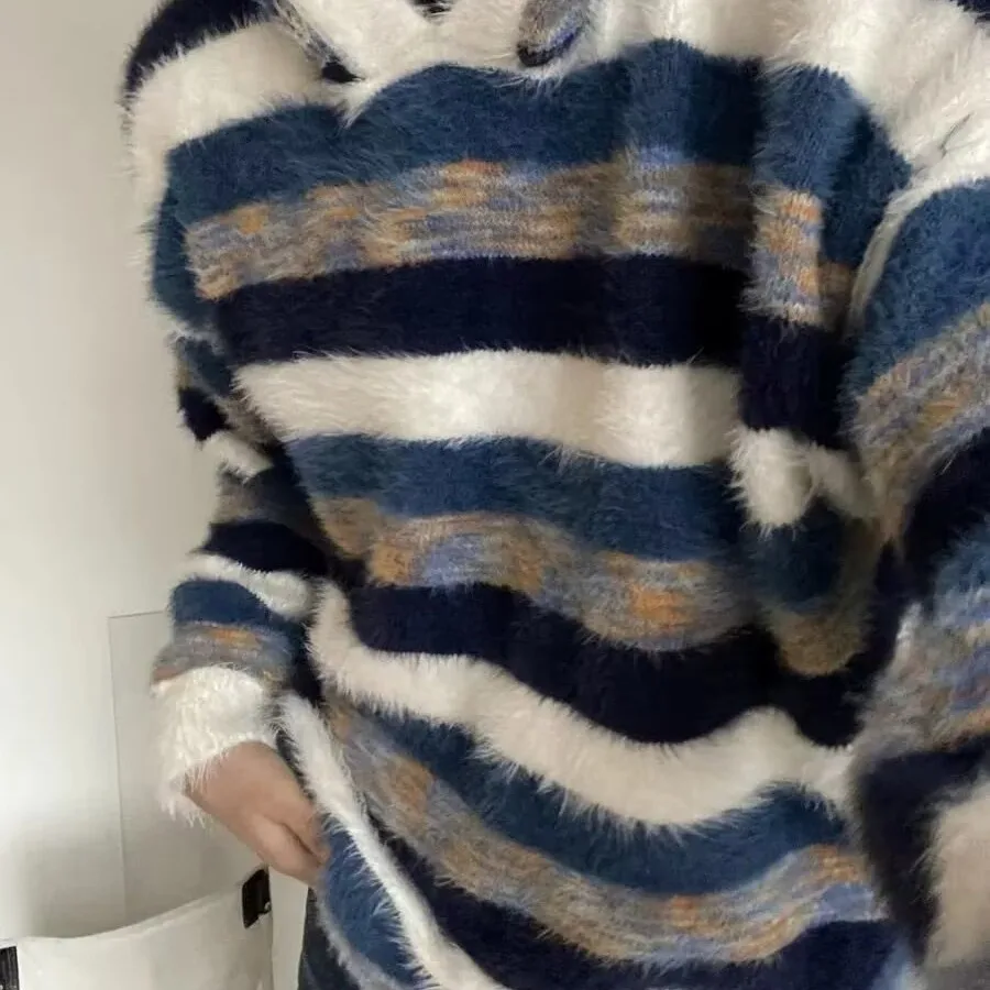 

Американский вязаный свитер в полоску большого размера Thi Long Sve, мужской свободный крой, зимний повседневный круглый пуловер, топ