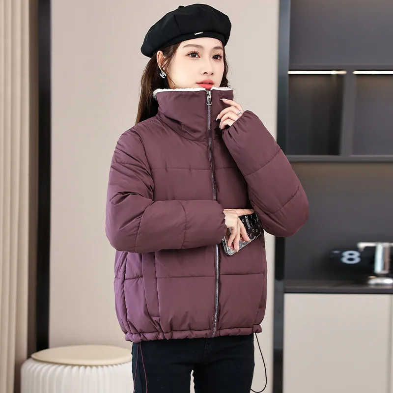 2025 جديد المرأة معطف القطن سترات الخريف الشتاء أسفل سترة قطن قصيرة صوف الضأن طوق الكورية الدفء معطف