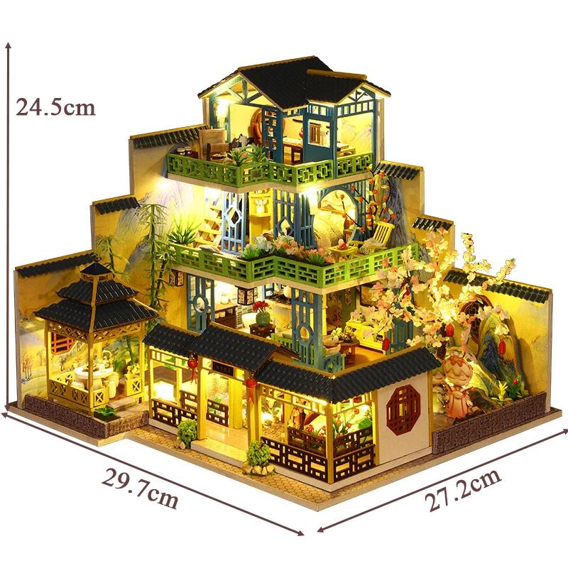 DIY ไม้ญี่ปุ่น Big Casa Miniature Kit 3D ปริศนาตุ๊กตาเฟอร์นิเจอร์ไฟ Villa Home Decor สําหรับของขวัญเพื่อน