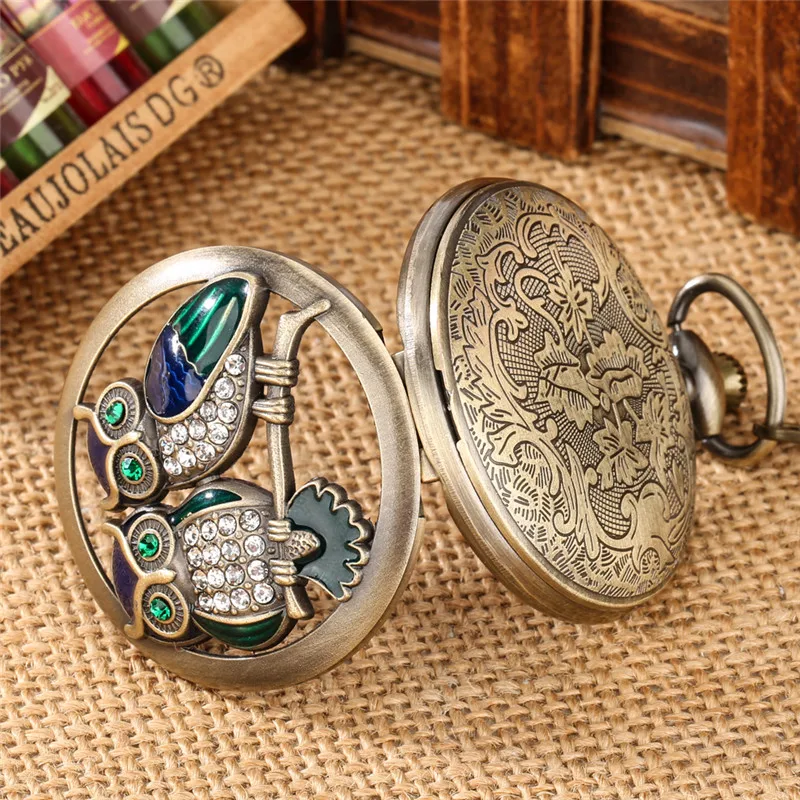 Antique Hollow Out Night Owl Design Unisex Quartz Analog Pocket Watch with Necklace Fob Chain Roman Number Dial Gift