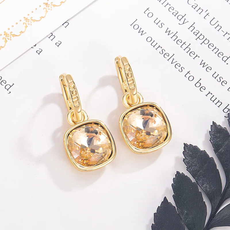 

New Trend Gradient amber zircon square pendant women's hanging earrings Hollow rhombic geometric statement Pendant earrings 2026