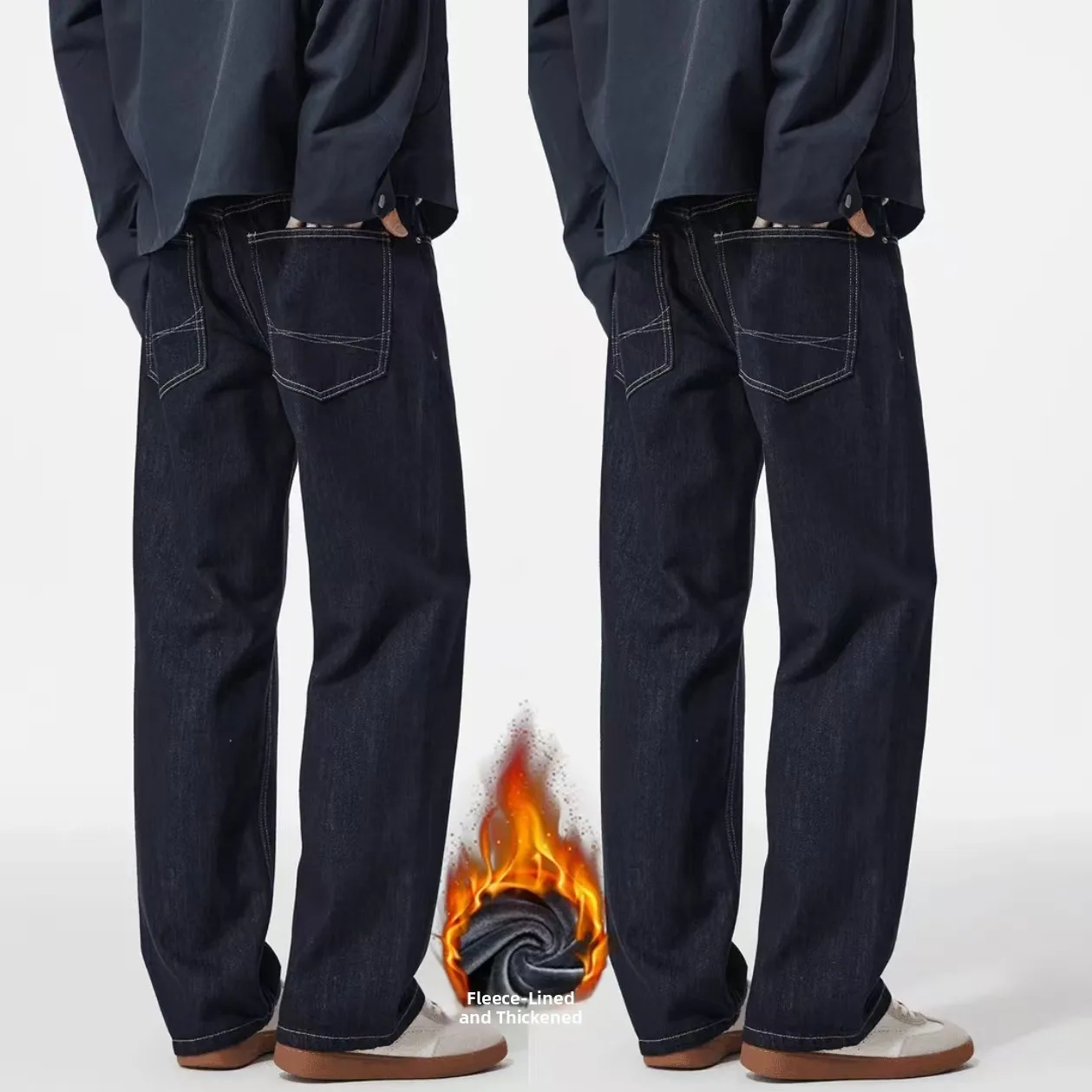 

Men's Loose Straight Leg Fce Lined Denim Jeans Cleanfit American High Street Casual Pants Autumn Winter Cotton Blend