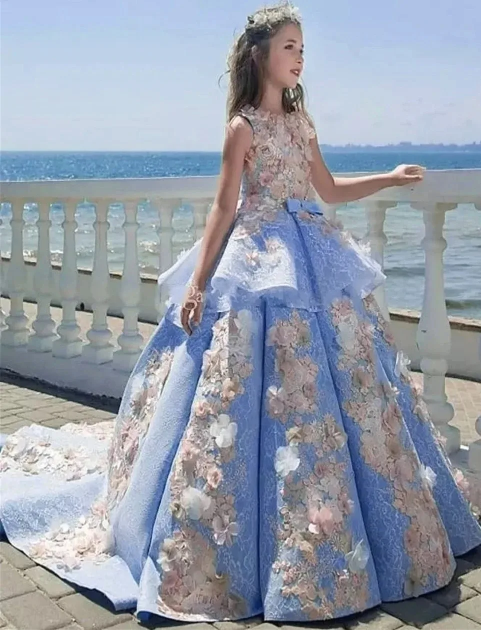 

Gorgeous Elegant Flower Girl Dress Sky Blue Tulle A-Line With Quality Applique For Wedding Birthday Party Evening Ball Gowns