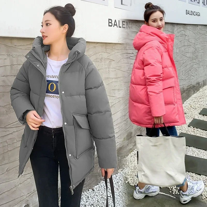 

Medium Long Styles Cotton Down Coat New Women's Winter Warm Zippers Spliced Pockets Jacket Fashion Hooded Loose Women Clothing