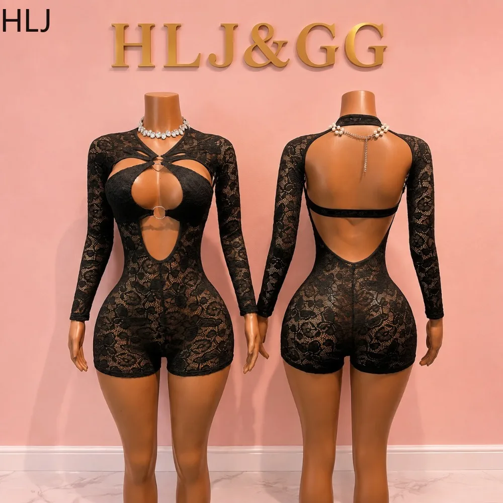 HLJ Sexy See Through Lace Romper for Women Long Sleeve Cutout O‑Ring Detail Bodycon Jumpsuit Night Out Club Party One Piece Suit