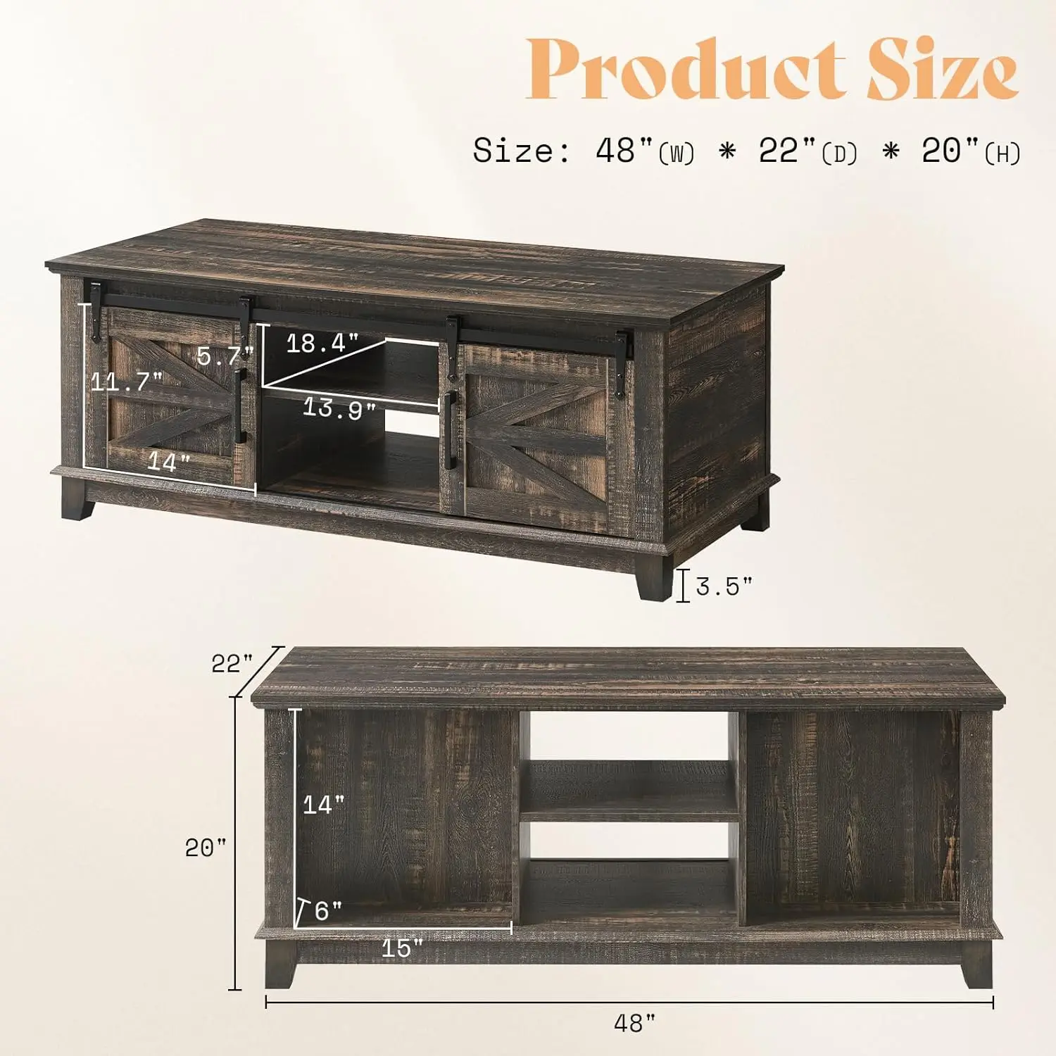 Mesa de centro de granja con puertas corredizas de granero y gabinete de almacenamiento para sala de estar, mesa central moderna de 48", estantes ajustables