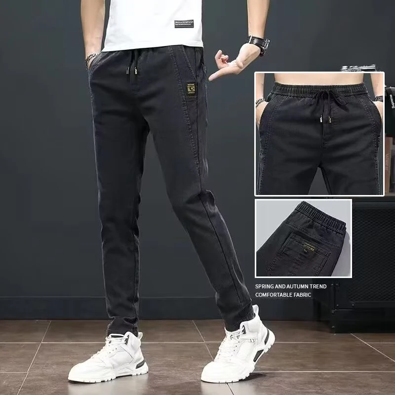 Men\'s Comfortable Business Casual Denim Pants Basic Plush Thermal Straight Leg Trousers Elastic Waist Lace Up Thicken Jeans Male