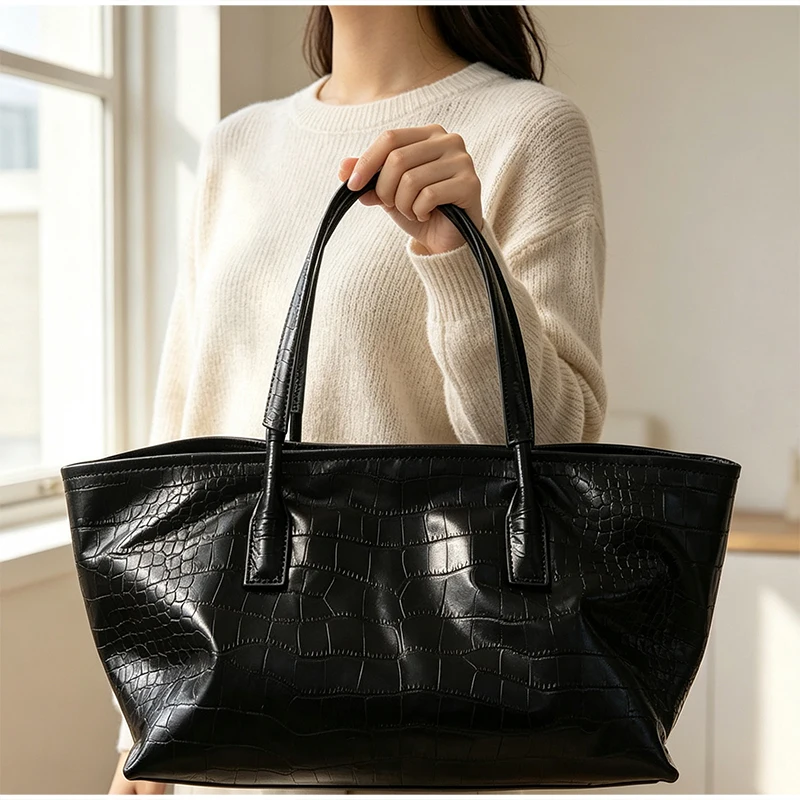 Luxuriöse Handtasche aus Rindsleder mit Krokodil-Textur und Steinmuster, Große Kapazität, Damen-Schultertasche mit Magnetverschluss, Schwarz – Detail 11