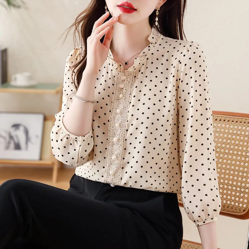 2024 New Summer Office Lady Loose Casual Retro Korean Style Women's Shirt Sweat Polka Dot Splicing Lapels Long Sleeve Chic Tops