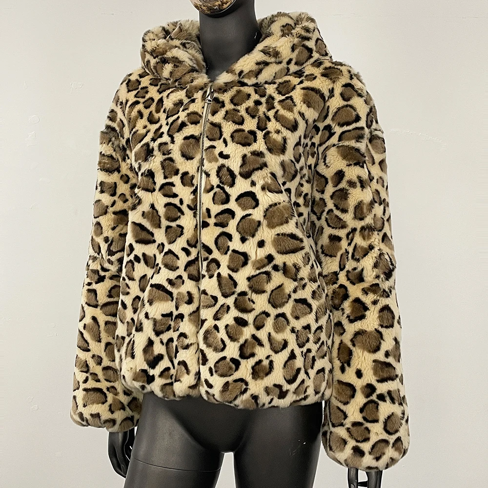MENINA 2025 New Winter Clothing Women Natural Rabbit Fur Jacket Short Hooded Zipper Real Fur Coat Female Fashion Leopard Clothes