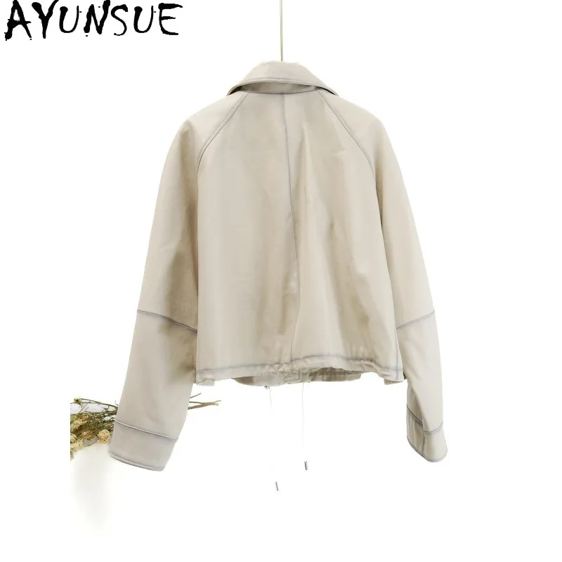 AYUNSUE Real Leather Jacket Woman Retro Lapel Sheepskin Coats for Woman Solid Loose Short Outerwear Woman Clothes Куртка Женская